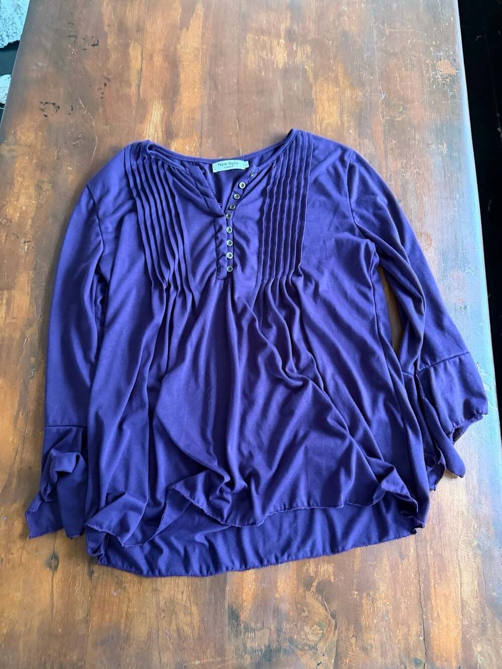 New Light Purple Pintuck Pleated Button-Front Long Sleeve Tunic Blouse